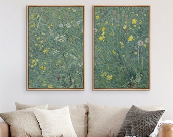 Framed Canvas Wall Art Set of 2 Green Abstract Wildflower Floral Prints Minimalist Modern Art Vintage Home Decor