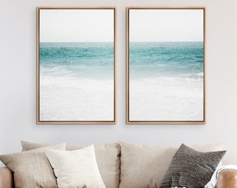 Framed Canvas Wall Art Set of 2 Blue Beach Ocean Photography Prints Minimalist Modern Art Coastal Room Decor