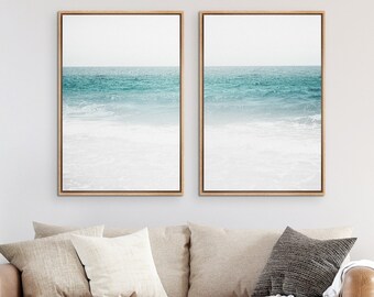 Framed Canvas Wall Art Set of 2 Blue Beach Ocean Photography Prints Minimalist Modern Art Coastal Room Decor