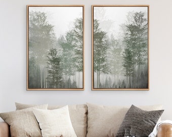 Framed Canvas Wall Art Set of 2 Watercolor Misty Green Forest Landscape Prints Minimalist Modern Art Nature Home Decor