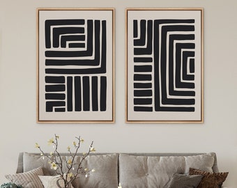 Framed Canvas Wall Art Set of 2 Geometric Abstract Line Art Prints Minimalist Modern Art Neutral Wall Decor