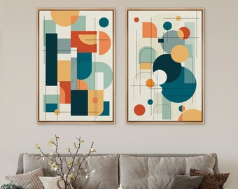 Framed Canvas Wall Art Set of 2 Colorful Polygon Abstract Shapes Geometric Prints Mid Century Modern Wall Art Minimalist Boho Wall Decor