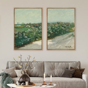 Framed Canvas Wall Art Set of 2 Green Wildflower Field Floral Botanical Prints Minimalist Modern Art Vintage Wall Decor