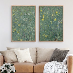 Framed Canvas Wall Art Set of 2 Green Abstract Wildflower Floral Prints Minimalist Modern Art Vintage Home Decor