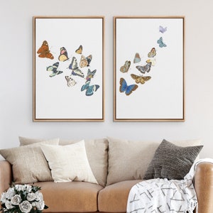 Framed Canvas Wall Art Set of 2 Colorful Butterfly Prints Mid Century Modern Art Boho Wall Decor