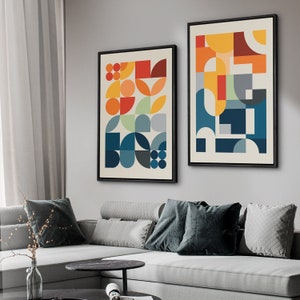 Framed Canvas Wall Art Set of 2 Colorful Geometric Color Blocks Abstract Prints Mid Century Modern Wall Art Minimalist Decor