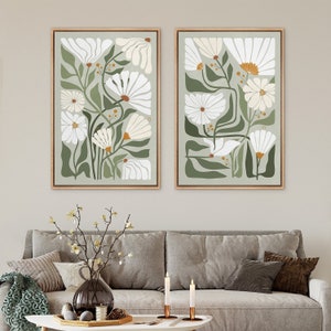 Framed Canvas Wall Art Prints Set of 2 Abstract Green Botanical Floral Print Wildflower Boho Wall Art Living Room Decor