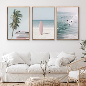 Framed Canvas Wall Art Set of 3 Palm Tree Surfboard Beach Ocean Photography Prints Minimalist Modern Art Coastal Room Decor