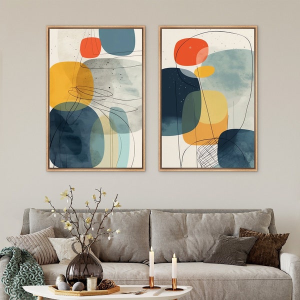 Framed Canvas Wall Art Set of 2 Colorful Polygon Abstract Shapes Geometric Prints Mid Century Modern Wall Art Minimalist Boho Wall Decor