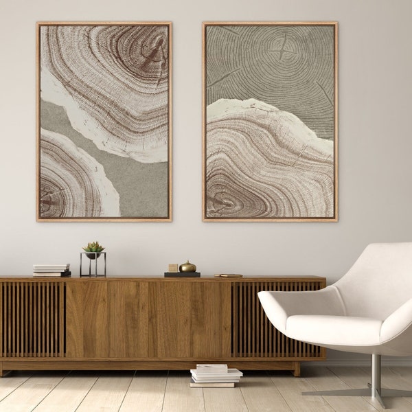 Framed Canvas Wall Art Set of 2 Wood Tree Rings Abstract Illustrations Prints Modern Art Minimalist Neutral Eclectic Home Decor