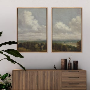 Framed Canvas Wall Art Set Cloud Sky Vintage Landscape Prints Rustic Farmhouse Wall Decor