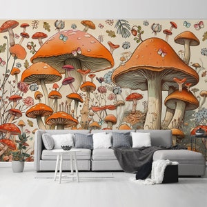 Vintage Mushroom Peel and Stick Wallpaper Self Adhesive Removable Botanical Wall Mural Cottagecore Mushroom Decor