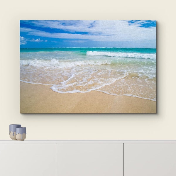 Framed Canvas Wall Art Blue Ocean Waves & Seafoam Beach Photography Prints Minimalist Modern Art Coastal Room Decor