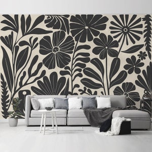 Flower Mural Wallpaper, Peel and Stick, Wallpaper, Boho Wall Mural, Flower Mural for Wall, Abstract Wall Art