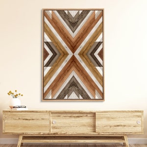Framed Canvas Print Wall Art Wood Panel Geometric Diamond Pattern Collage Abstract Modern Art Rustic Western Decor