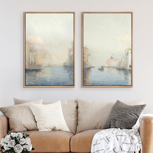 Framed Canvas Wall Art Set of 2 Italy Venice River Boat Travel Prints Minimalist Modern Wall Art Neutral Decor