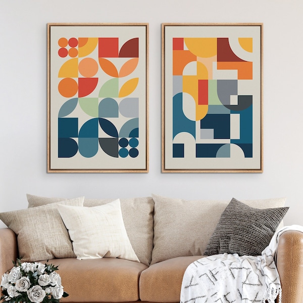 Colorful Geometric Framed Wall Art Set of 2, Color Blocks Abstract Canvas Prints, Mid Century Modern Decor for Living Room