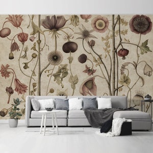 Peel and Stick Wallpaper Wilderness Floral Wall Mural landscape Woodland Flowers Watercolor Wallpaper Neutral Boho Wall Art Decor