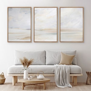 Framed Canvas Wall Art Set of 3 Gray Abstract Beach Prints Minimalist Modern Art Neutral Wall Decor