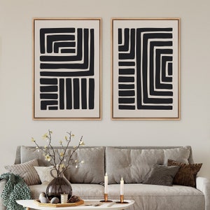 Framed Canvas Wall Art Set of 2 Geometric Abstract Line Art Prints Minimalist Modern Art Neutral Wall Decor