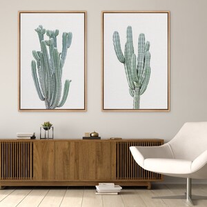 Framed Canvas Wall Art Set of 2 Green Cactus Photography Prints Minimalist Modern Art Western Decor