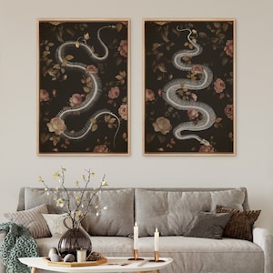 Framed Canvas Wall Art Set of 2 Moody Floral Snake Skeleton Prints Minimalist Modern Art Gothic Decor