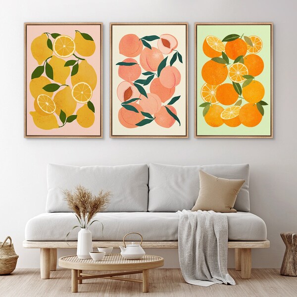 Framed Canvas Wall Art Set of 3 Lemon Peach Orange Fruits Prints Minimalist Modern Art Kitchen Wall Decor Preppy Room Decor