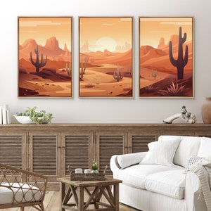 Framed Canvas Wall Art Set of 3 Southwest Sunset Cactus Desert Landscape Prints Mid-Century Modern Art Western Decor