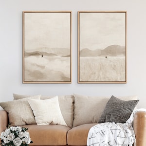 Framed Canvas Wall Art Set of 2 Beige Abstract Mountain Landscape Prints Minimalist Modern Art Neutral Home Decor