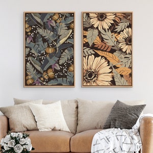 Framed Canvas Wall Art Set of 2 Tropical Leaf Wildflower Floral Botanical Illustrations Prints Modern Boho Art Eclectic Home Decor