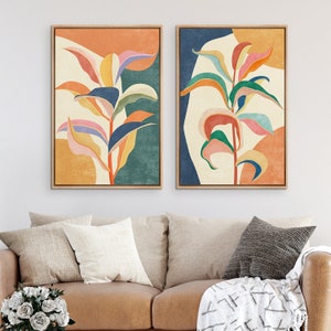 Framed Canvas Wall Art Set of 2 Colorful Tropical Jungle Leaf Botanical Prints Minimalist Modern Art Boho Wall Decor