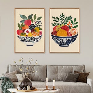 Framed Canvas Wall Art Prints Set of 2 Colorful Fruit Bowl Art Print Eclectic Minimalist Modern Kitchen Wall Decor