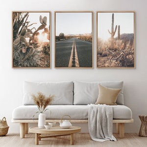 Framed Canvas Wall Art Set of 3 Cactus Desert Landscape Texas Road Photography Prints Minimalist Modern Art Western Decor