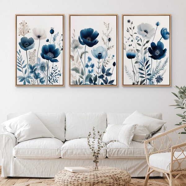 Framed Canvas Wall Art Set of 3 Navy Blue Wildflowers Floral Botanical Prints Minimalist Modern Art Boho Wall Decor