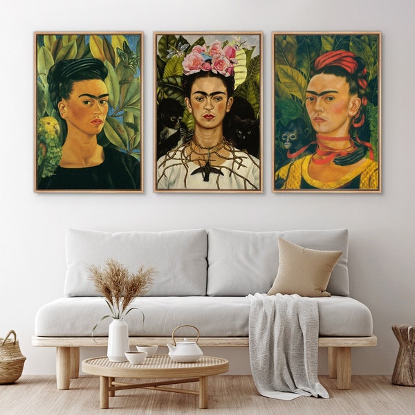 Framed Canvas Wall Art Set of 3 Floral Self Portrait by Frida Khalo Prints Retro Modern Art Vintage Wall Decor