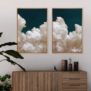 Framed Canvas Wall Art Set of 2 Pastel Cloud Navy Blue Sky Nature Landscape Prints Minimalist Modern Wall Art Decor