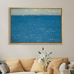 Framed Canvas Wall Art Navy Blue Beach Ocean Landscape Print Minimalist Vintage Art Modern Nautical Wall Decor