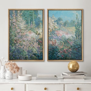 Framed Canvas Wall Art Prints Set of 2 Abstract Green Wildflower Botanical Floral Minimalist Modern Vintage Wall Art Living Room Decor
