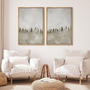 Framed Canvas Wall Art Prints Set of 2 Misty Pines Forest Tree Serene Landscape Illustrations Modern Art Wall Art Living Room Decor
