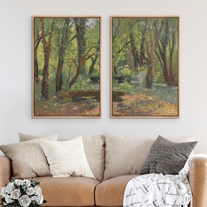 Framed Canvas Wall Art Set of 2 Green Rustic Forest Landscape Prints Nature Modern Art Vintage Home Decor