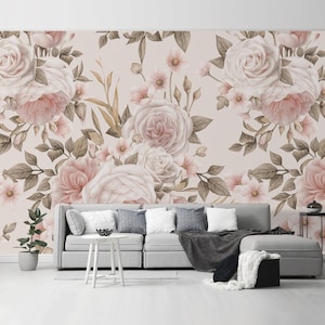 Pastel Peony Peel and Stick Wallpaper Self Adhesive Removable Soft Floral Wall Mural Neutral Boho Wall Decor
