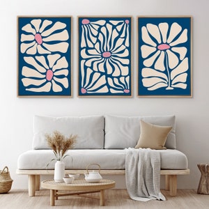 Framed Canvas Wall Art Set of 3 Navy Blue Abstract Floral Botanical Wildflower Prints Minimalist Modern Boho Wall Art Decor