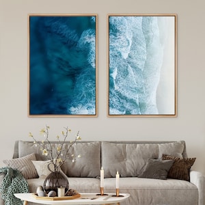 Framed Canvas Wall Art Set of 2 Navy Blue Beach Ocean Wave Photography Prints Minimalist Modern Art Nature Wall Decor