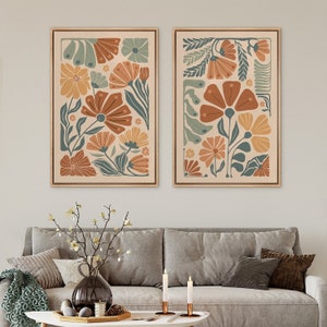 Framed Canvas Wall Art Set of 2 Colorful Wildflower Botanical Floral Prints Minimalist Modern Boho Wall Art Living Room Decor