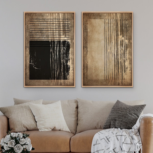 Conjunto de arte de pared de lienzo enmarcado de 2 pinceladas marrones Impresiones abstractas Arte de pared moderno minimalista Decoración neutra