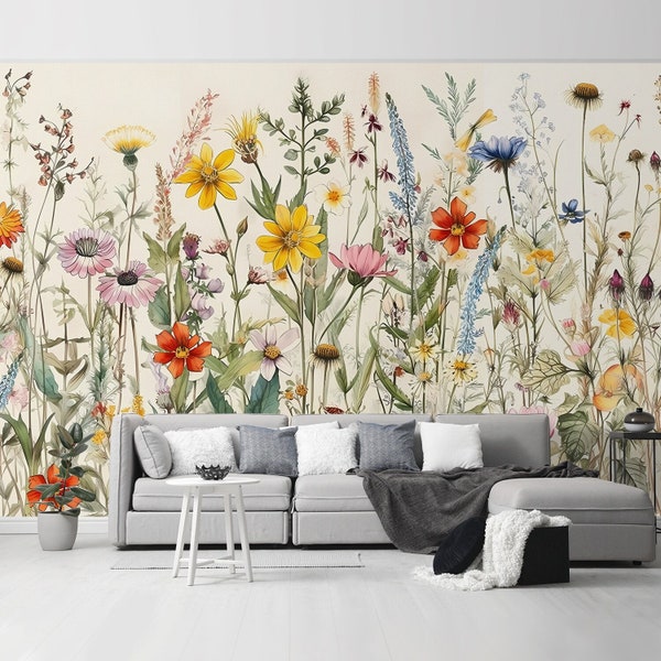 Watercolor Floral Peel and Stick Wallpaper Self Adhesive Removable Flowers Botanical Wall Mural Boho Wall Decor