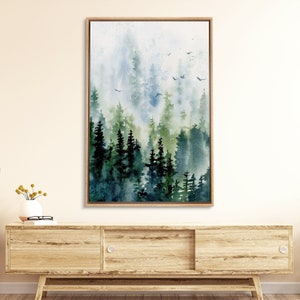 Framed Canvas Wall Art Sage Green Watercolor Forest Nature Landscape Print Minimalist Modern Art Woodland Nursery Decor