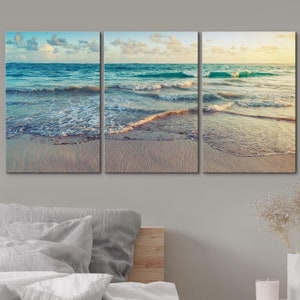 Framed Canvas Wall Art Set of 3 Sunrise on Atlantic Ocean Photography Prints Minimalist Modern Art Coastal Room Decor
