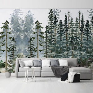 Large Watercolor Pine Tree Forest Peel and Stick Wallpaper, Self Adhesive Removable Nature Landscape Wall Mural, Woodland Nursery Decor