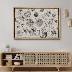 Framed Dining Table Cheers Wall Art, Social Gathering Sketch Canvas Print, Modern Minimalist Line Decor for Dining Room or Bar Cart